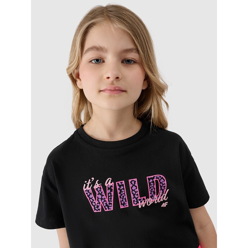 4F Dievčenské crop-top tričko s potlačou - čierne