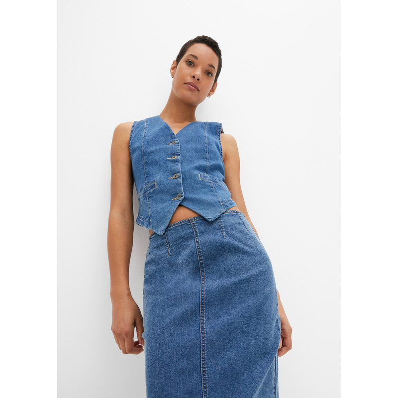 bonprix Džínsová sukňa s rozparkom, farba modrá, rozm. 38
