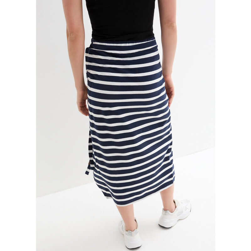 bonprix Džersejová sukňa v midi dĺžke, pásikovaná, farba modrá, rozm. 52/54