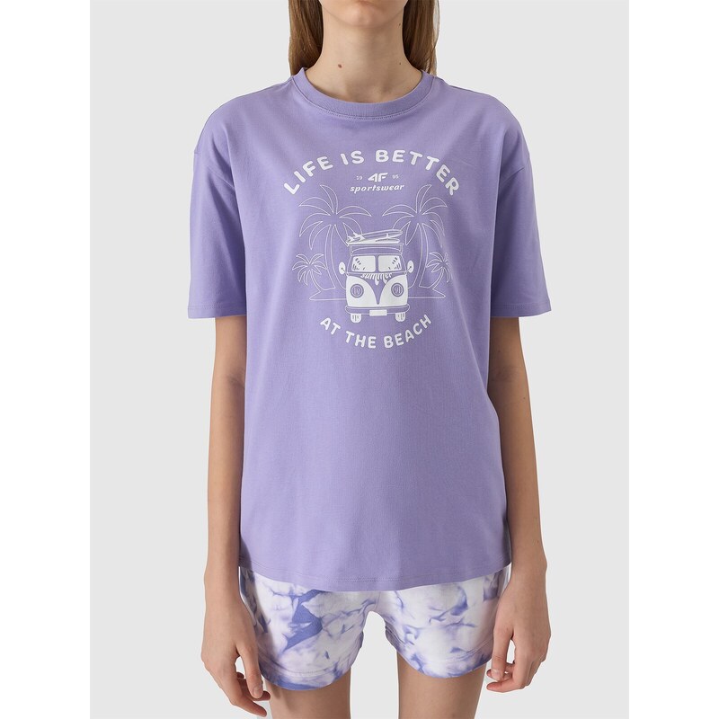4F Dievčenské oversize tričko s potlačou - fialové
