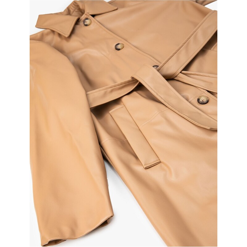 Koton Trench Coat Leather Look Midi Length Belt Detailed Pocket Buttoned