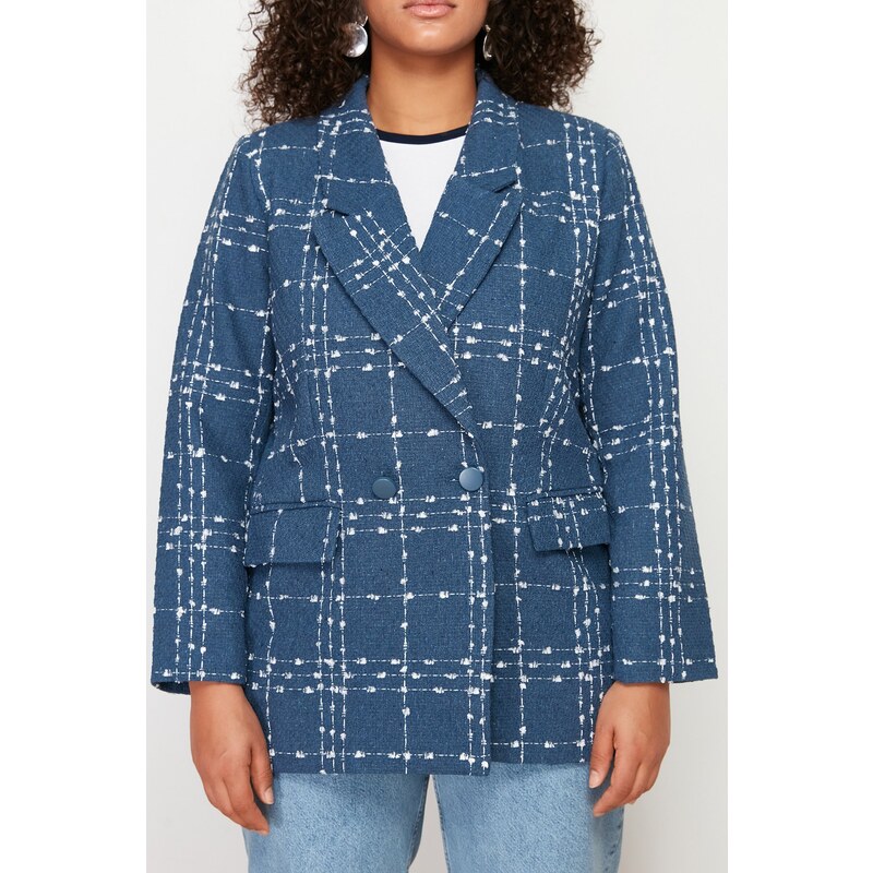 Trendyol Curve Navy Blue Tweed Woven Blazer Jacket