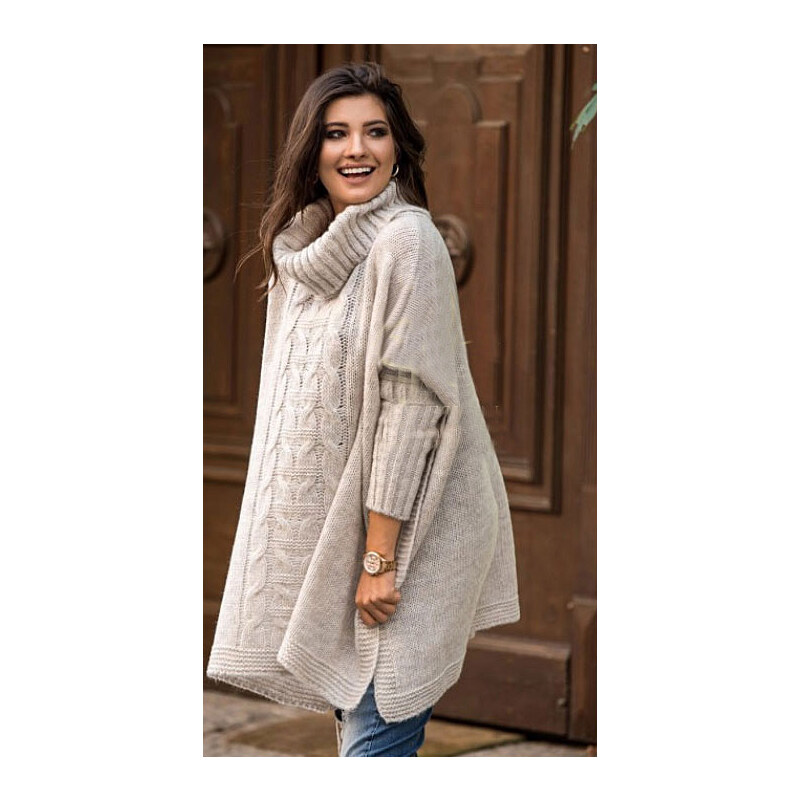Fashionweek Pletené dámske pončo sveter s rolákom LUNA 48750483