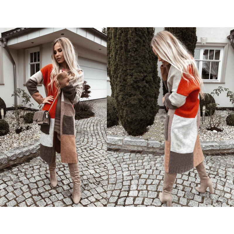 Fashionweek Dámsky farebný sveter kabát geometrické vzory SARA