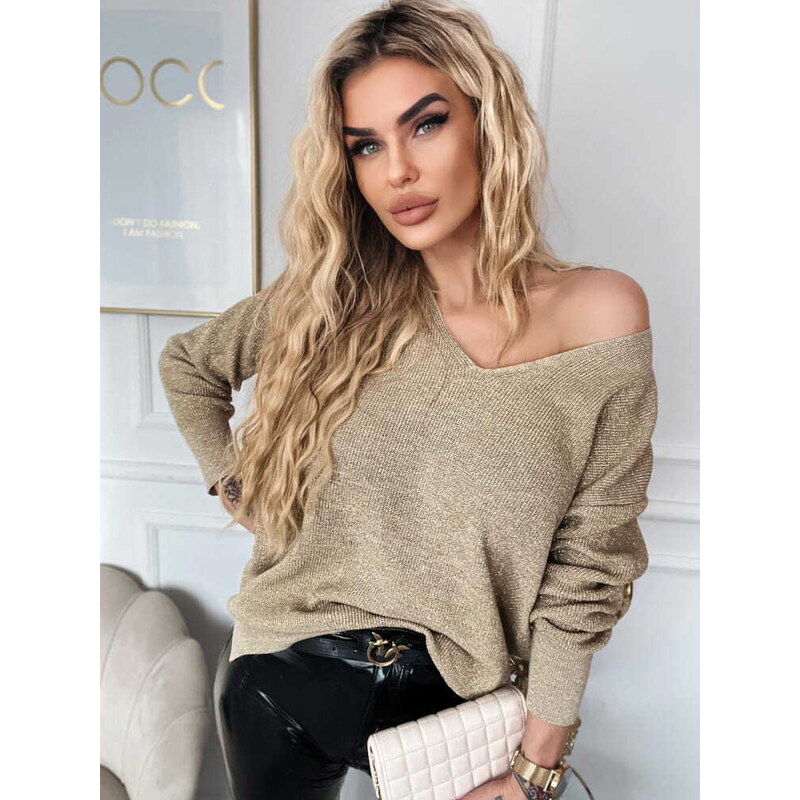 Fashionweek Sveter oversize s výstrihom s perleťovou niťou NB82227 50736791