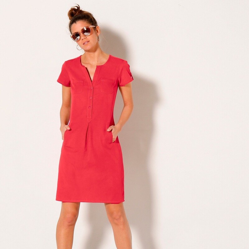 Rovné twilové šaty s gombíkovou légou tomatová 036 Blancheporte 49903487