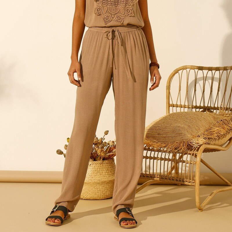 Krepónové rovné nohavice hnedosivá 040 Blancheporte 50795781