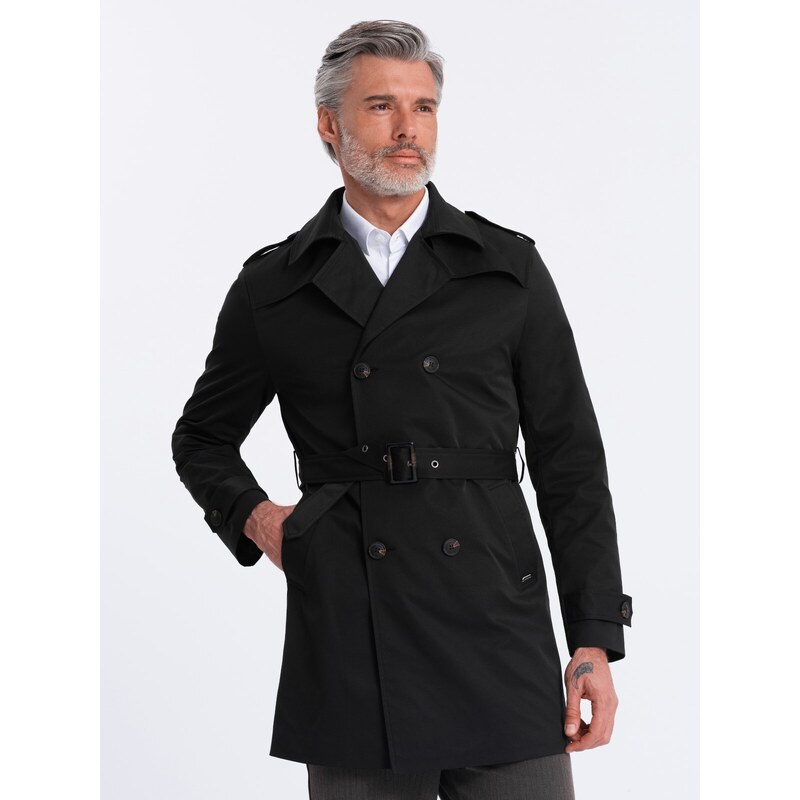 Ombre Clothing Elegantný pánsky plášť SLIM FIT s opaskom - čierny V2 OM-COSC-0111