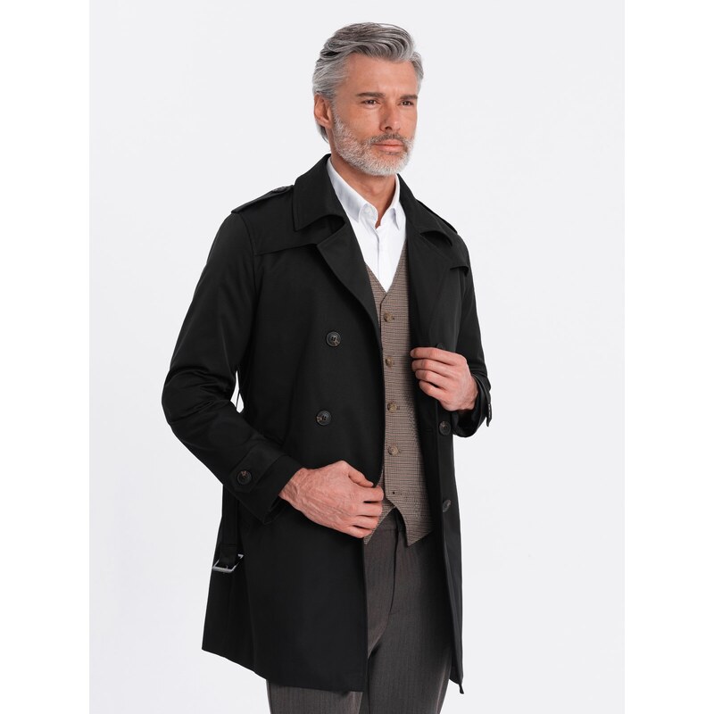 Ombre Clothing Elegantný pánsky plášť SLIM FIT s opaskom - čierny V2 OM-COSC-0111