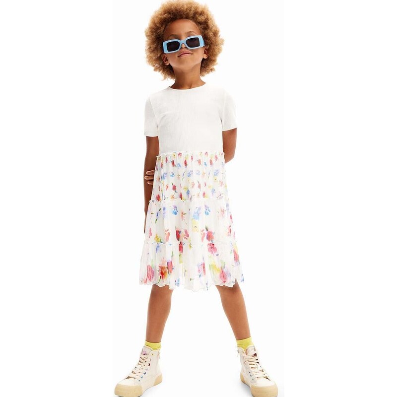 Dievčenské šaty Desigual biela farba, mini, áčkový strih