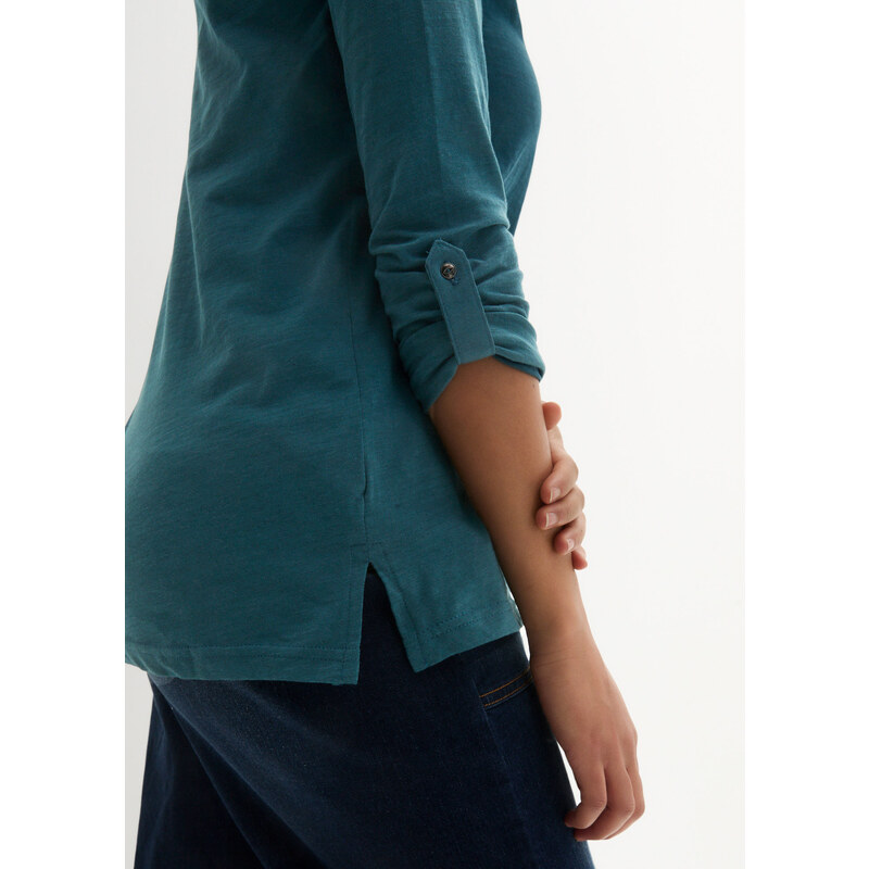 bonprix Bavlnené tričko s dlhými rukávmi s gombíkovou légou, farba modrá