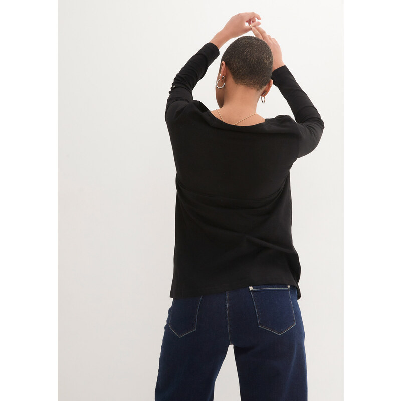 bonprix Bavlnené tričko s dlhými rukávmi s gombíkovou légou, farba čierna