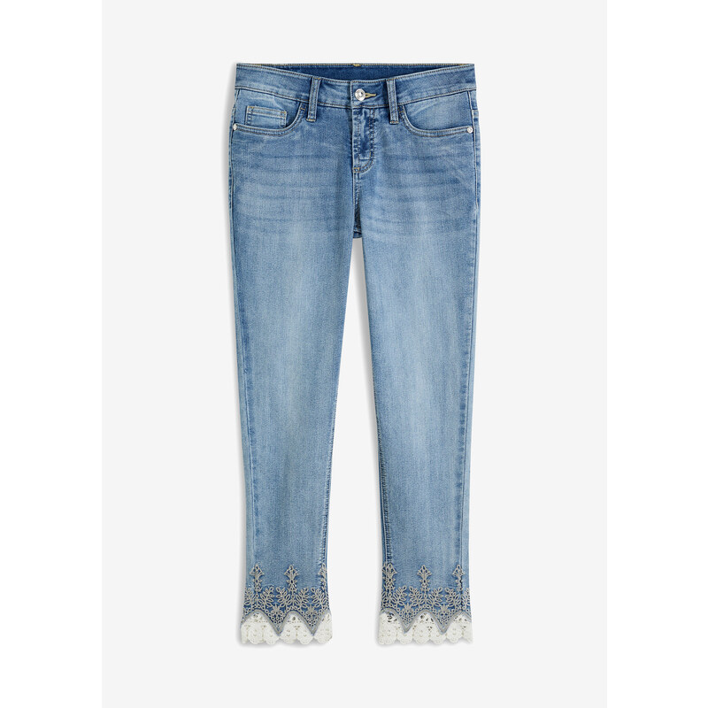 bonprix Skinny džínsy s čipkou, farba modrá, rozm. 52