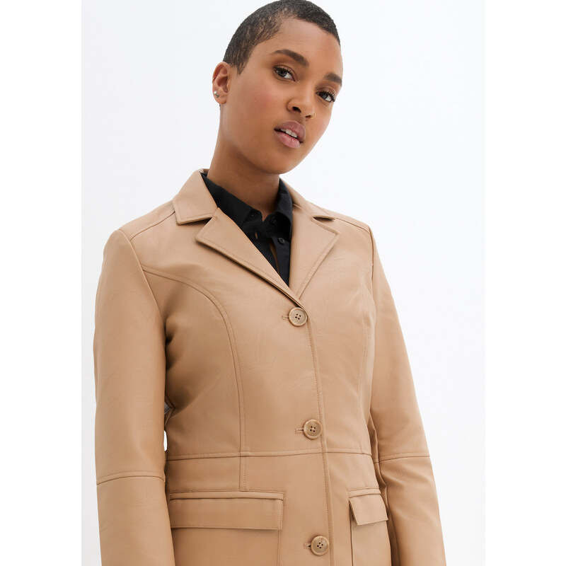 bonprix Ľahký koženkový kabát, vypasovaný, farba hnedá