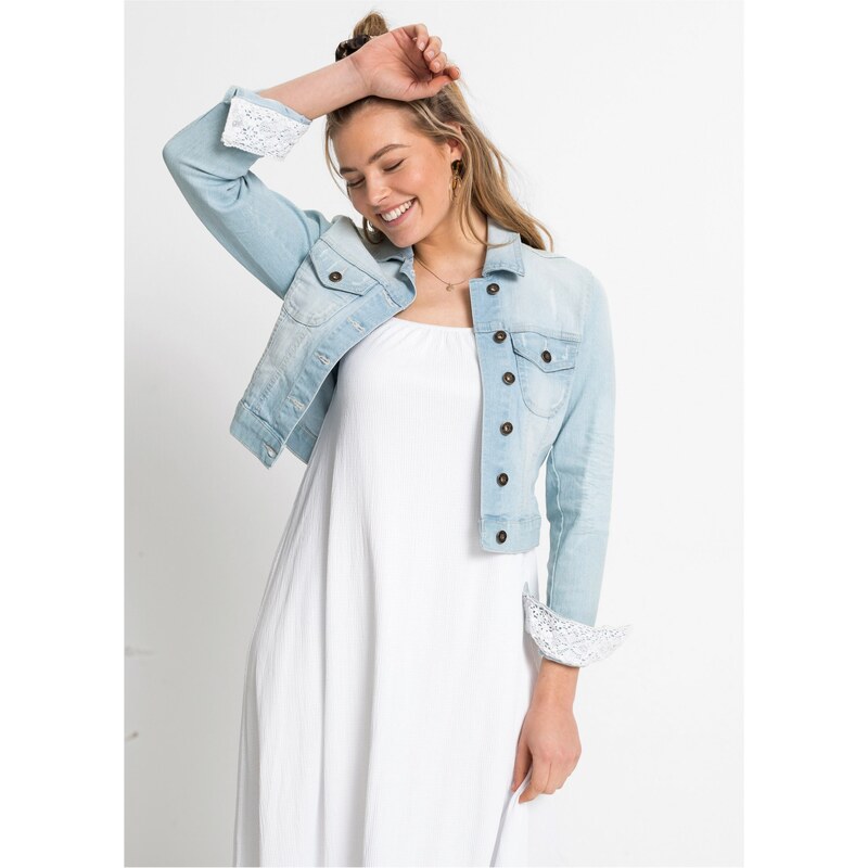 bonprix Džínsová bunda s čipkovanou časťou, farba modrá 60622830