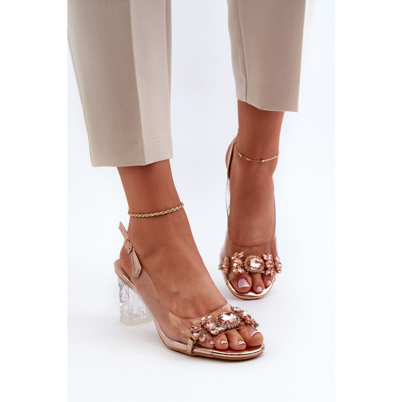 Basic Elegantné priehľadné sandále na stĺpcovom podpätku s ružovými ozdobami