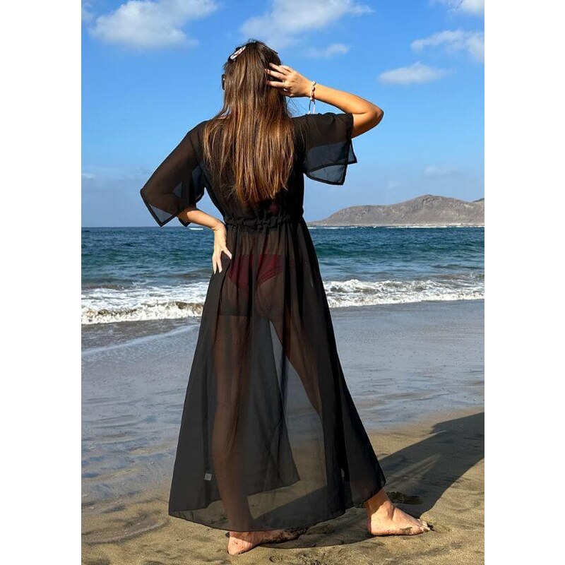 Čierne Dlhé Priehľadné Kimono Samara