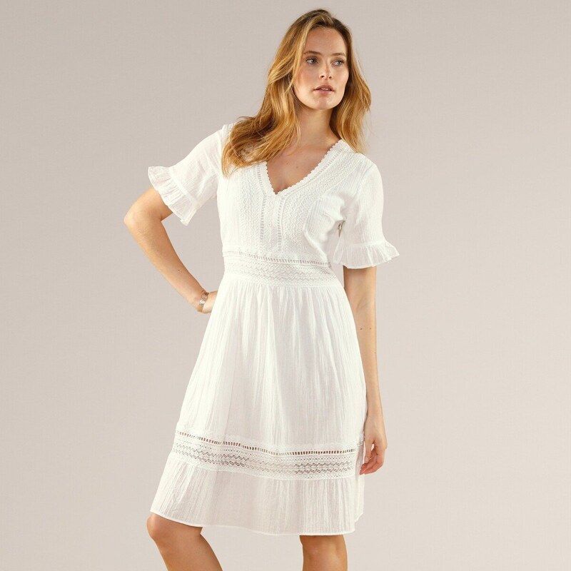 Krepónové šaty s macramé a volánmi biela 052 Blancheporte 66354771