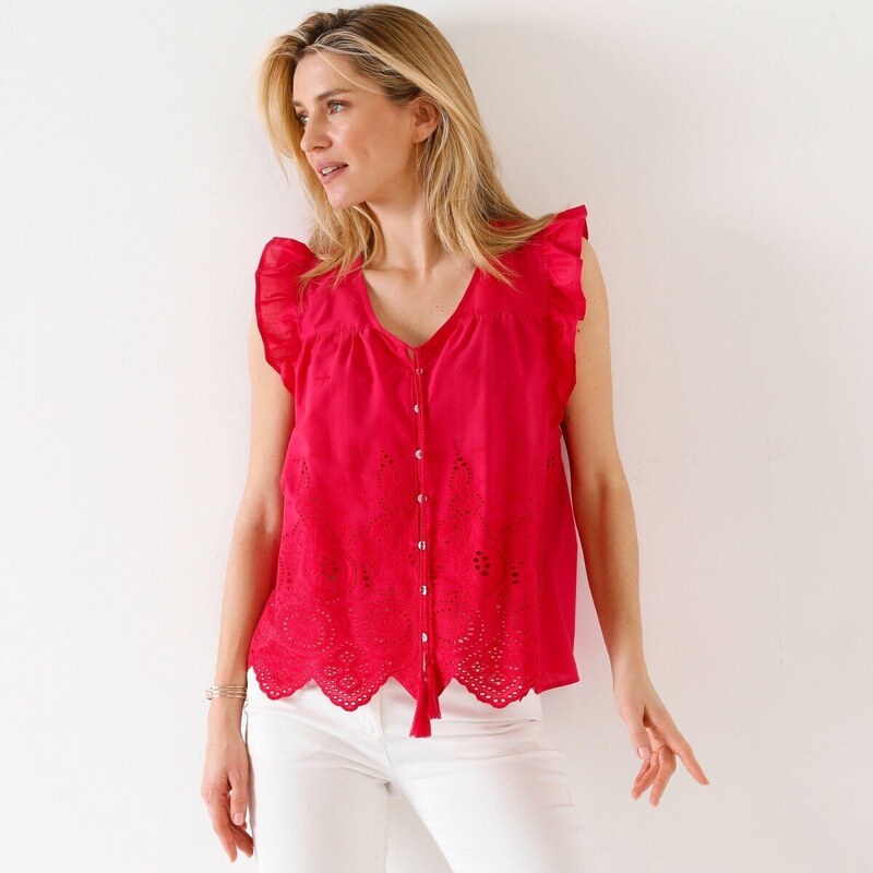 Madeirová blúzka s výstrihom do V, bez rukávov malinová 040 50913640