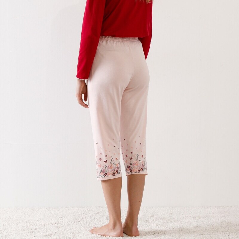 Blancheporte 3/4 pyžamové nohavice s potlačou kvetín na koncoch nohavíc ružová 036