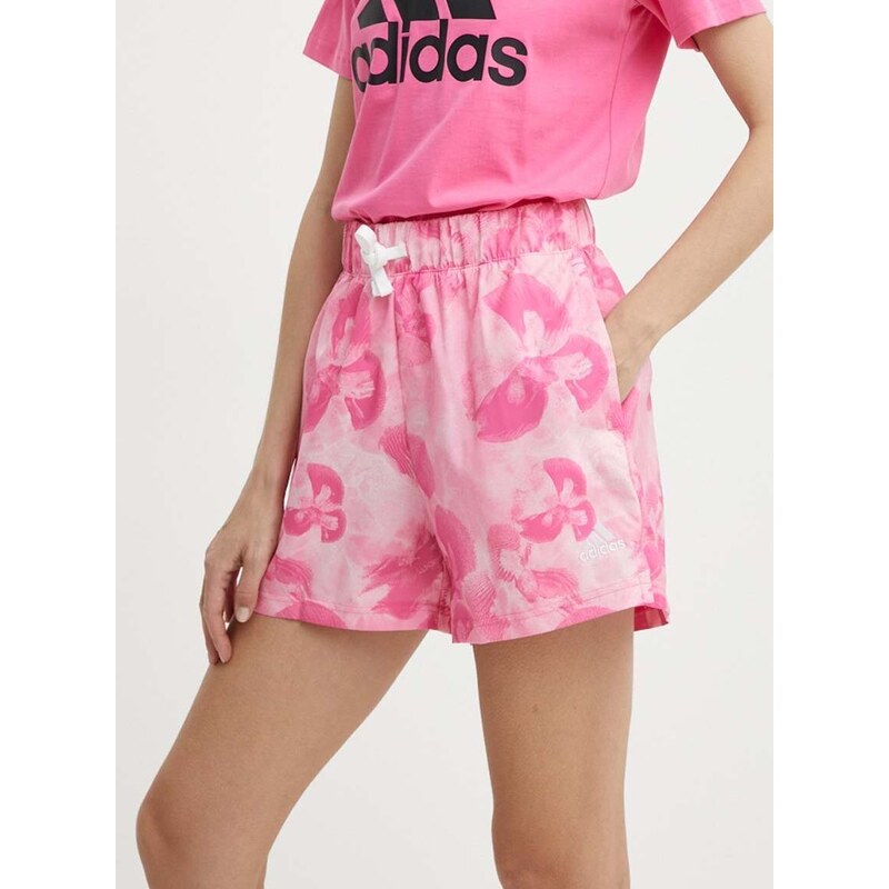 Šortky adidas dámske, ružová farba, vzorované, vysoký pás, IS4253