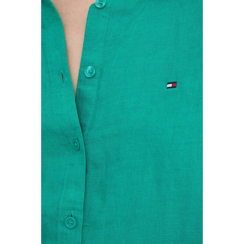 Ľanová košeľa Tommy Hilfiger zelená farba,voľný strih,s klasickým golierom,WW0WW42037