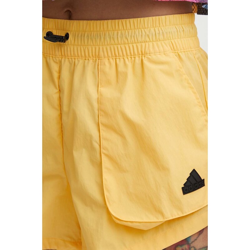 Šortky adidas dámske, žltá farba, jednofarebné, vysoký pás, IS0662