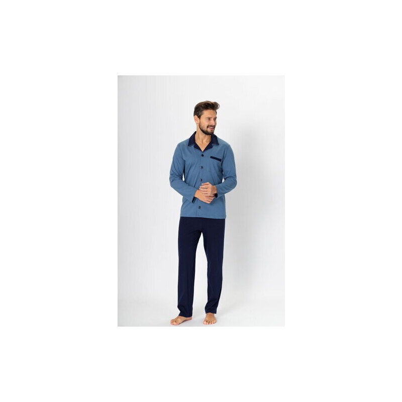 M-Max Pánske pyžamo na gombíky Norbert 670 jeans-tmavomodré, Farba Jeans-Granatowy