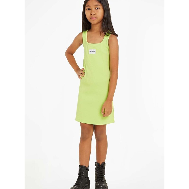 Dievčenské šaty Calvin Klein Jeans zelená farba, mini, rovný strih