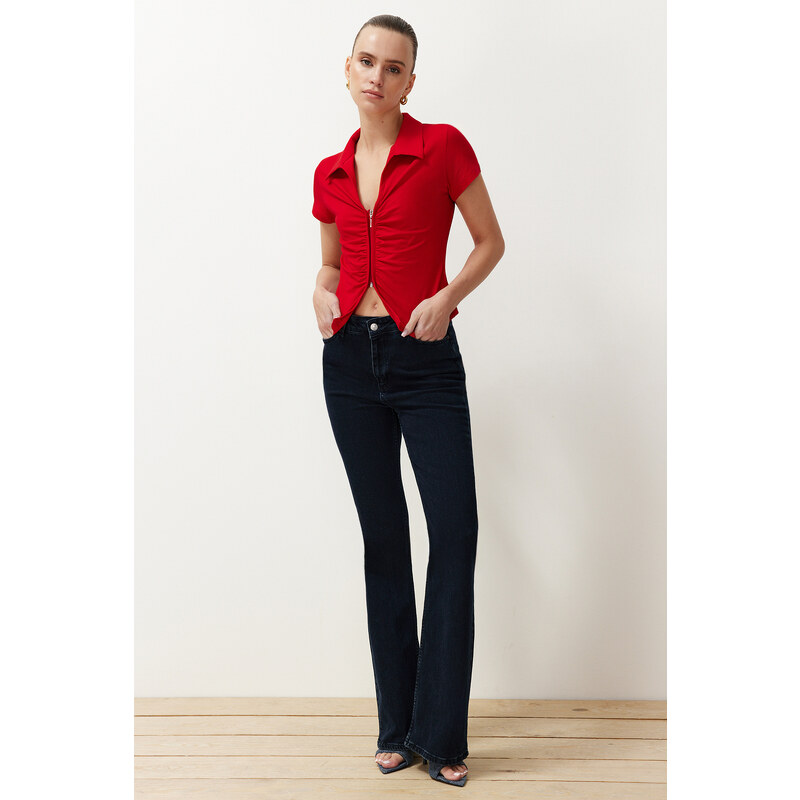 Trendyol Collection Red Regular/Regular Fit Polo golier Shirring/Drape Podrobná pletená blúzka na zips