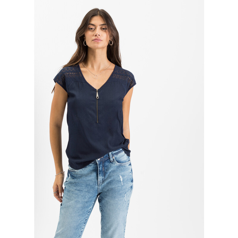 bonprix Tričko s čipkou, farba modrá 44731854