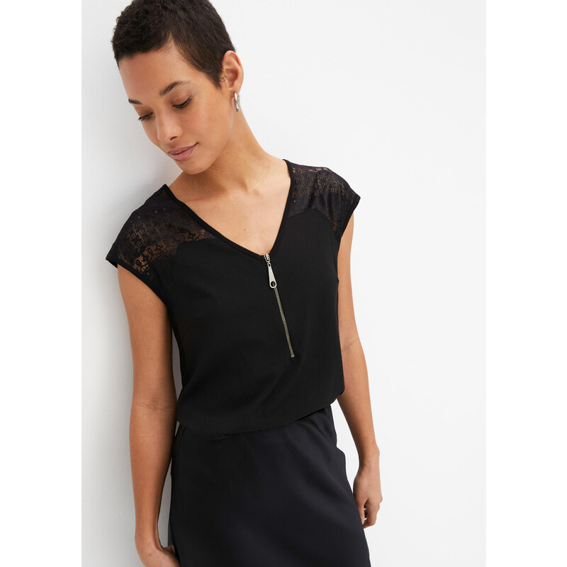 bonprix Tričko s čipkou, farba čierna 44741408