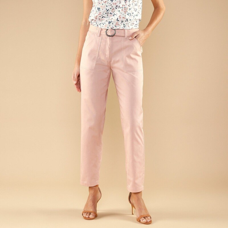 Rovné nohavice s opaskom na kovovú sponu, twilové ružové drevo 040 51080756