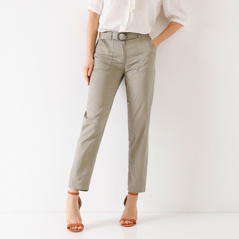 Rovné nohavice s opaskom na kovovú sponu, twilové khaki 038 51080755