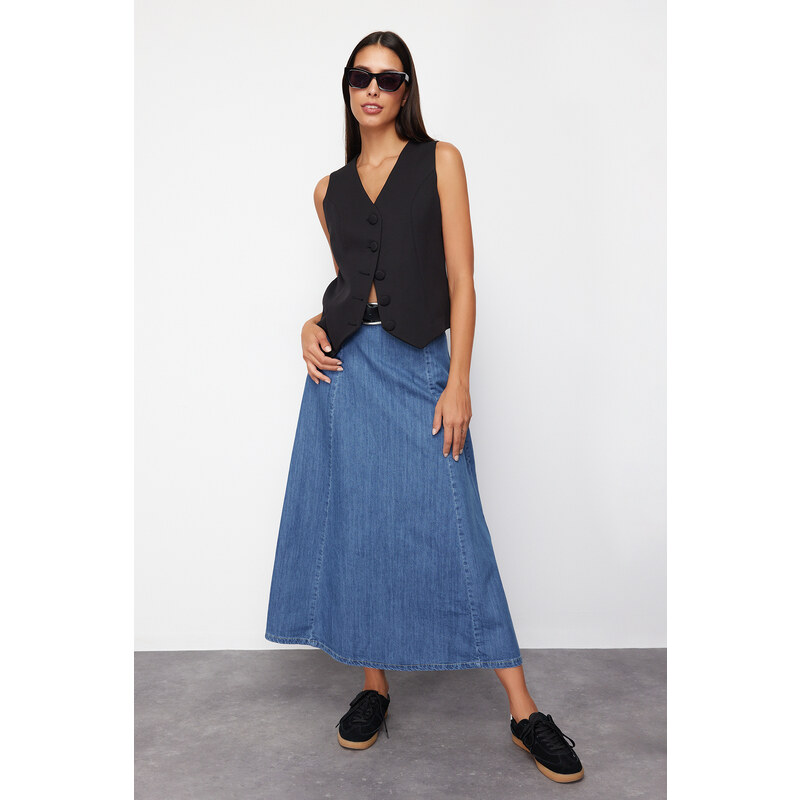 Trendyol Collection Tmavomodrá midi džínsová sukňa s vysokým pásom -