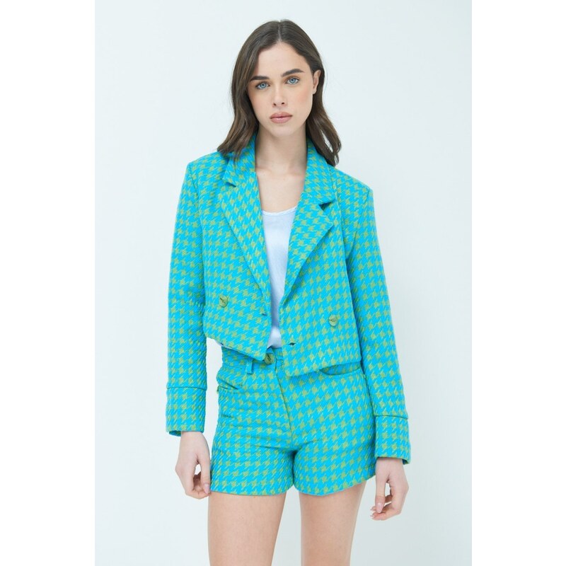 Skrátené tvídové sako - tyrkys 48557637