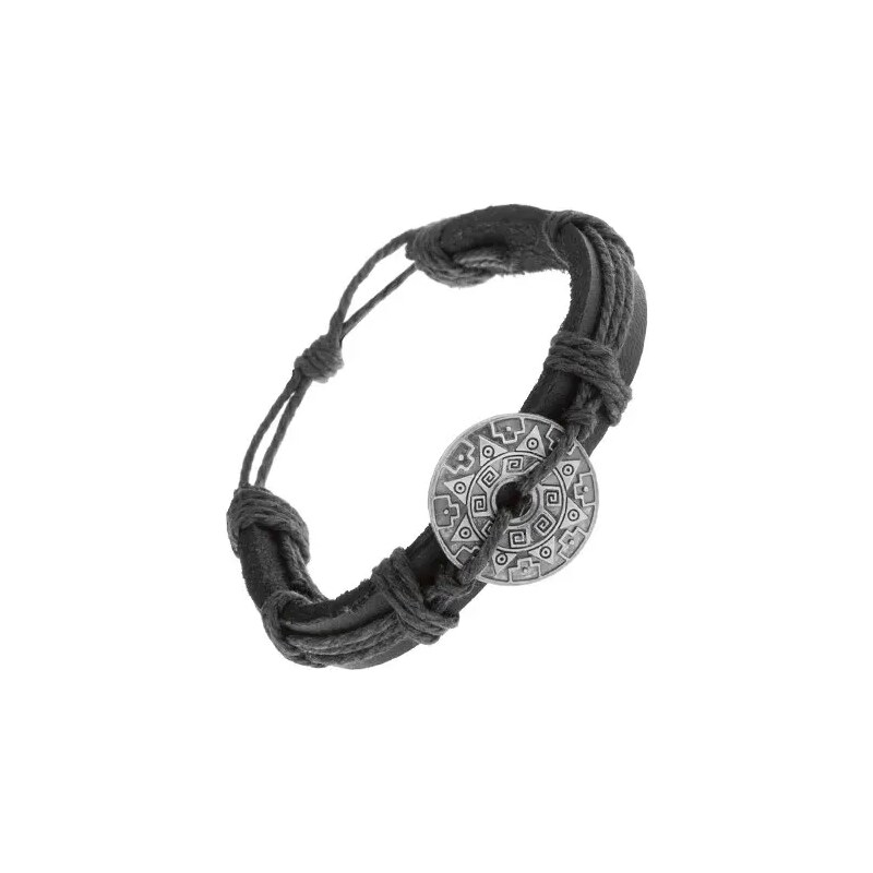 Šperky Eshop - Náramok z čiernej kože a šnúrok, kruh so vzormi a výrezom Z22.09