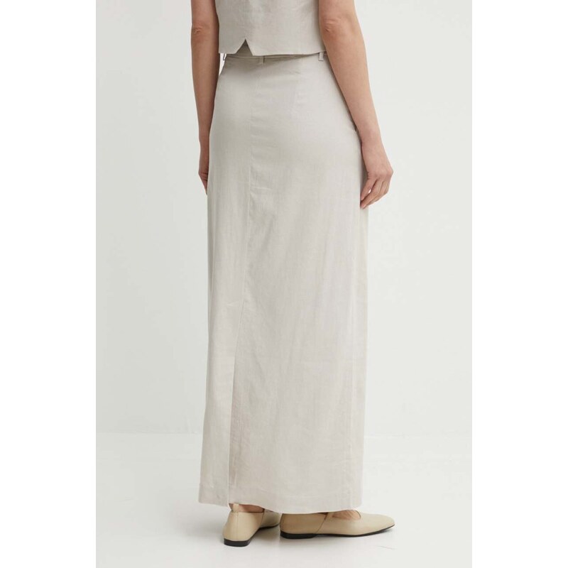 Ľanová sukňa Gestuz béžová farba, maxi, rovný strih, 10909103