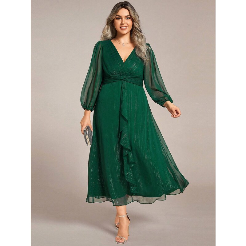 (veľ. 46) Trblietavé šaty s vertikálnym volánom na sukni zelené 66972535