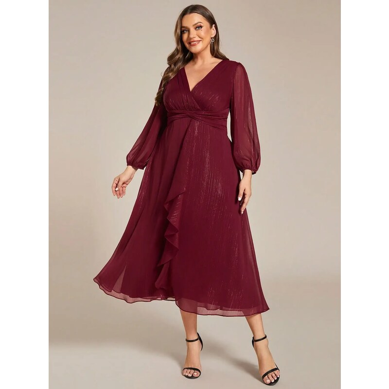 Trblietavé šaty s vertikálnym volánom na sukni vínovočervené 51237990