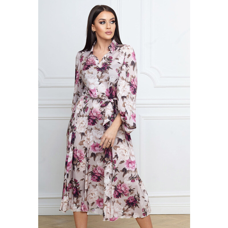 (veľ. 40) Kvetované šaty s košeľovým golierom béžovo-ružové 54855770