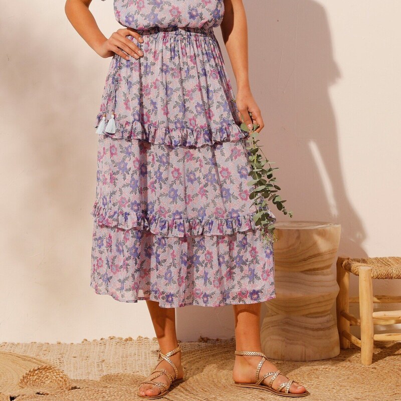 Dlhá sukňa s potlačou, recyklovaný polyester modrá/fialová 046 66354519