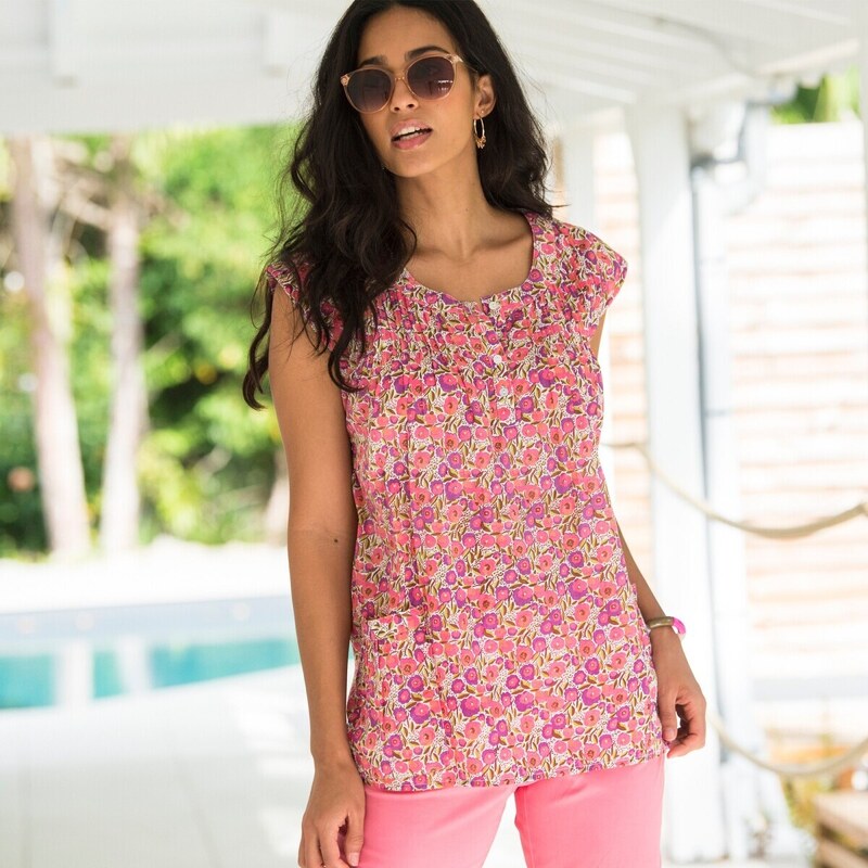 Rozšírená tunika so skladmi a potlačou kvetín ružové drevo 042 51421441