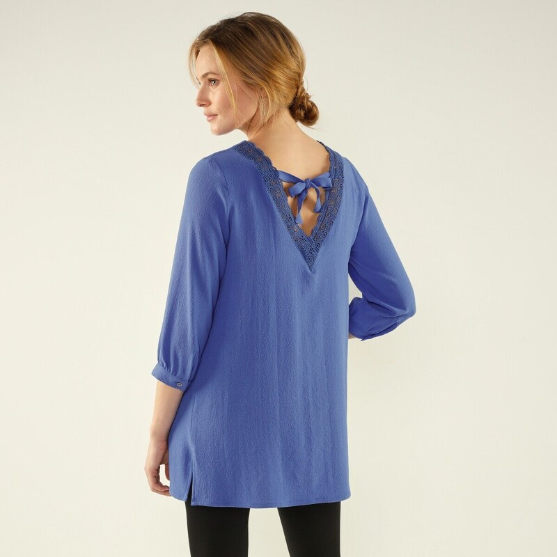 Tunika s výstrihom do V a macramé lemom s viazačkou na chrbte 51881699