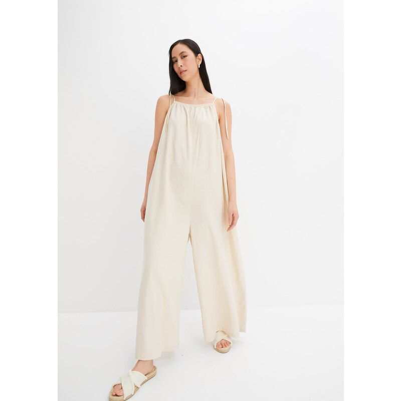 bonprix Overal z ľahkého pláteno-viskózového mixu, farba béžová 52158881