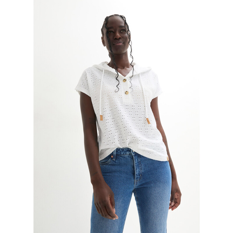 bonprix Tričko s gombičkami a kapucňou, farba biela 52169767