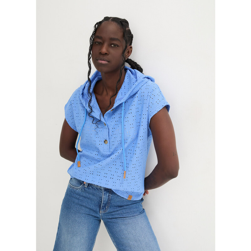 bonprix Tričko s gombičkami a kapucňou, farba modrá 52158890