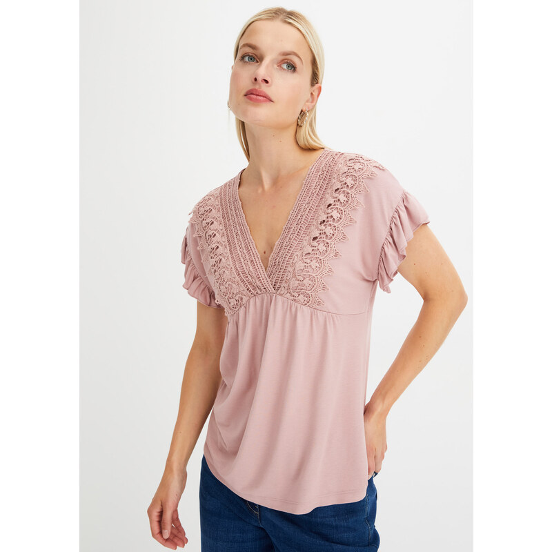 bonprix Tričko s čipkou, farba ružová 52159492
