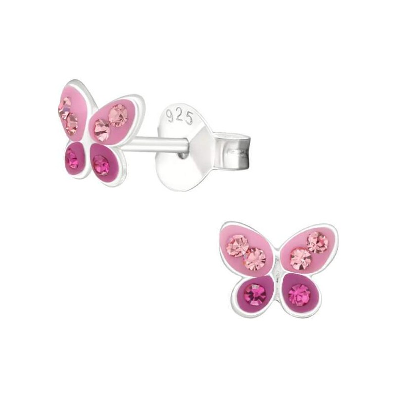Glory detské strieborné náušnice ružový Motýlik s krištáľmi 52416062