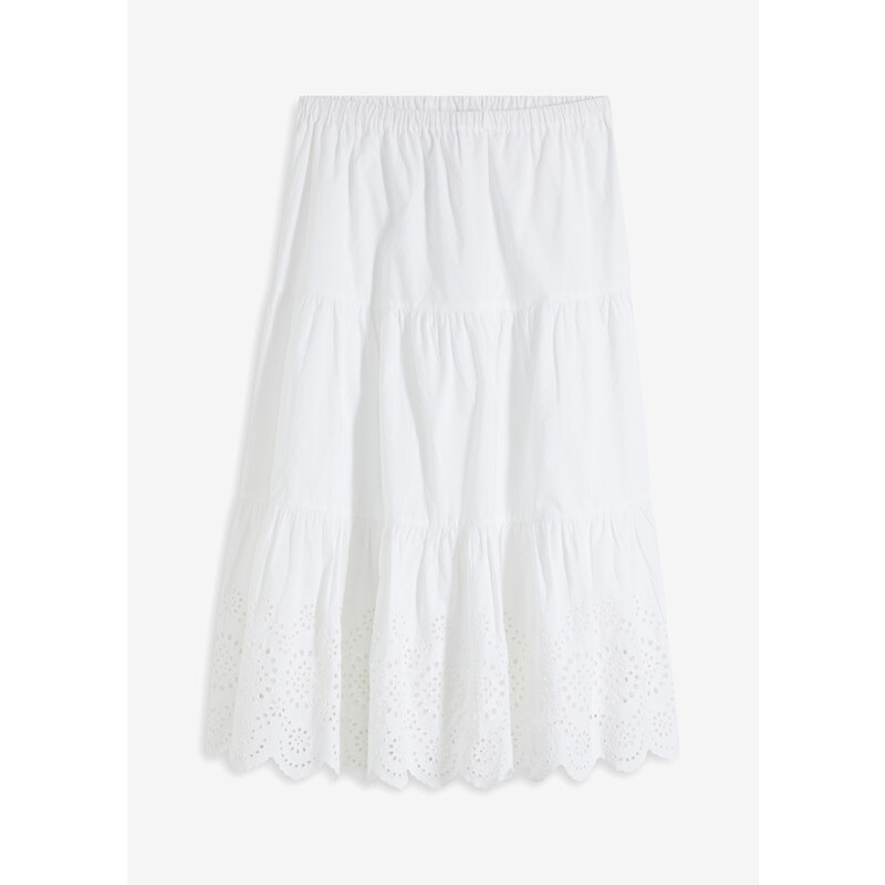 bonprix Stupňovitá sukňa s dierkovanou vyšívkou, farba biela 52417695